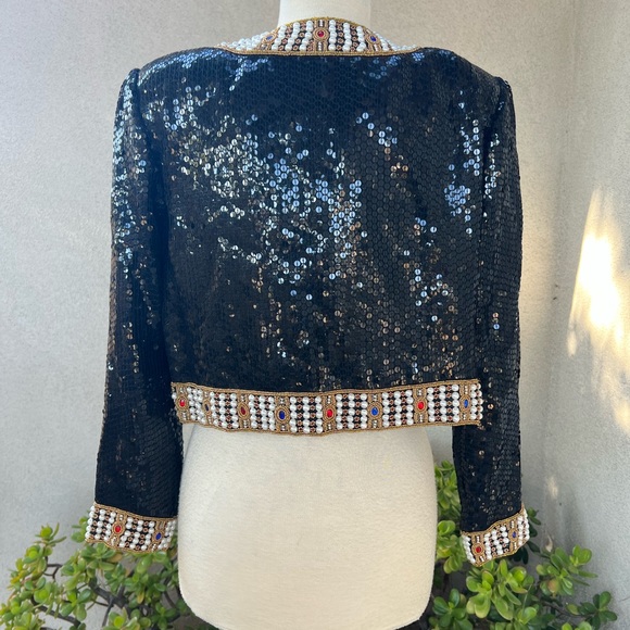 Vintage glam black sequins bolero style jacket colorful beaded trim Sm NiteLine - Picture 2 of 11